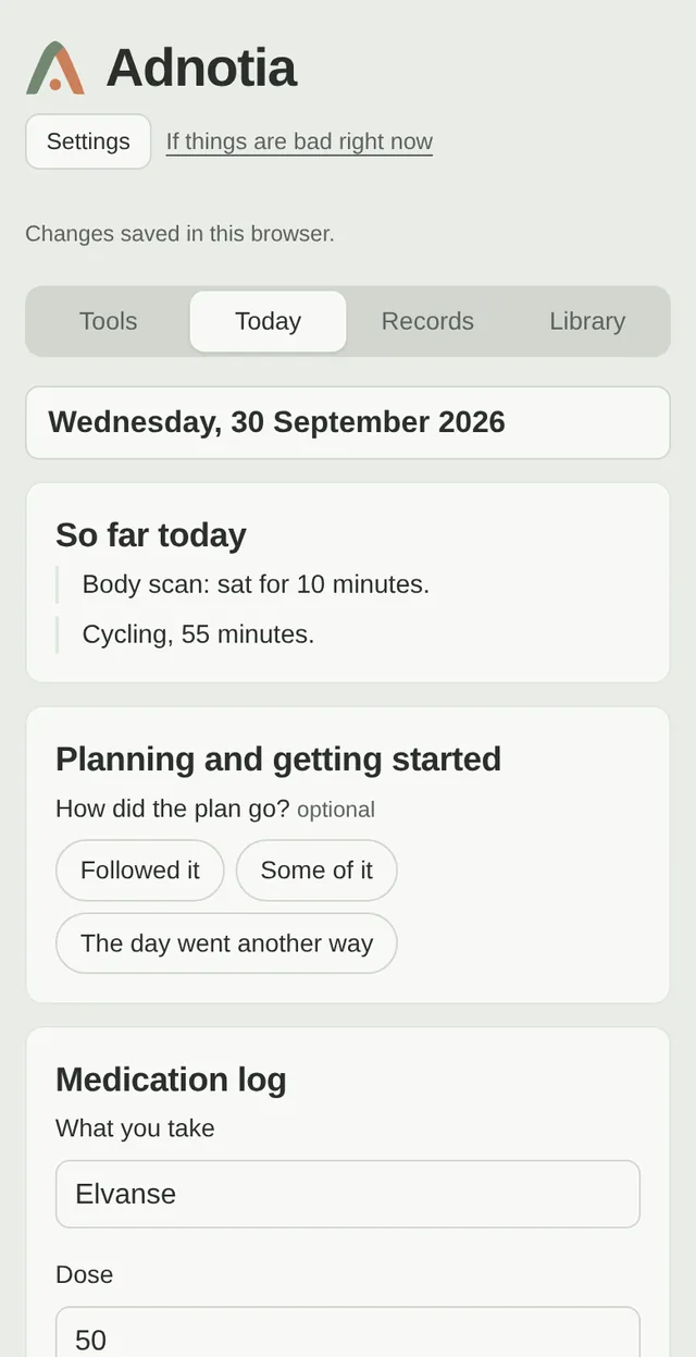 Adnotia's Today tab, showing the day's record: a check-in with a few questions, and a list of what already happened today.