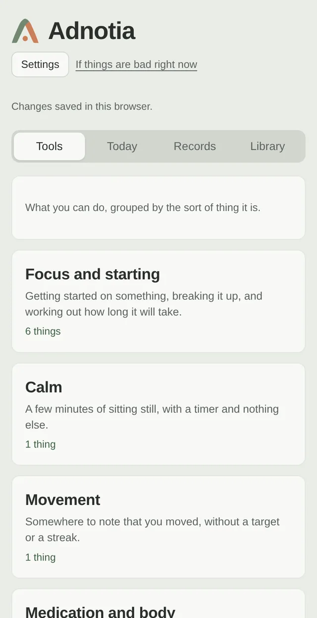 The Adnotia tools index on a phone, showing cards for Focus and starting, Calm, Movement, Medication and body, and Preparing for an appointment.